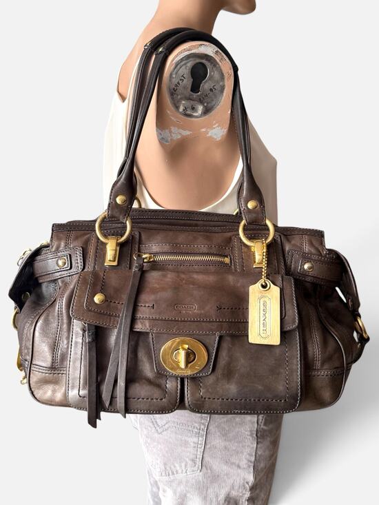 Coach Handbags - COACH 12475 Hampton Lindsay Espresso Brown Leather Brass Turnlock Hangtag y2k